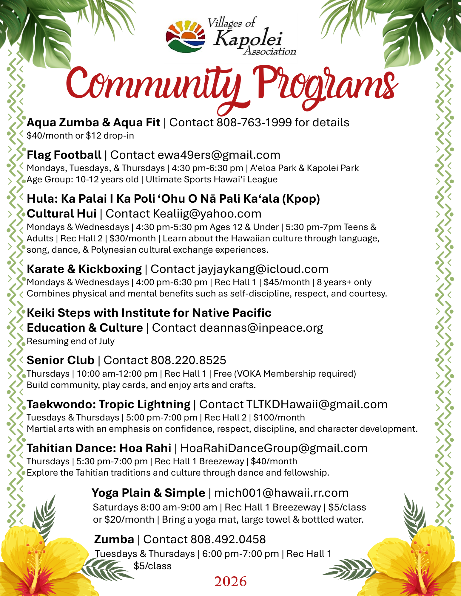 Schedule of ongoing VOKA recreation programs for 2026