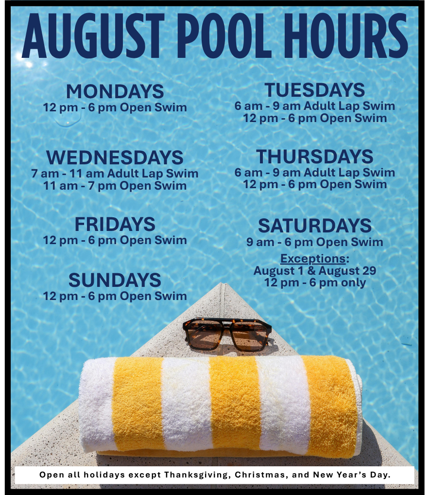 Signage showing VOKA daily pool hours effective August 1, 2026